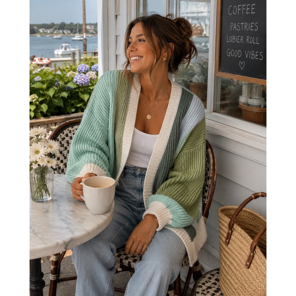 Chunky Waffle Knit Colorblock Open Front Cardigan‎ Sweater Boho Cottagecore